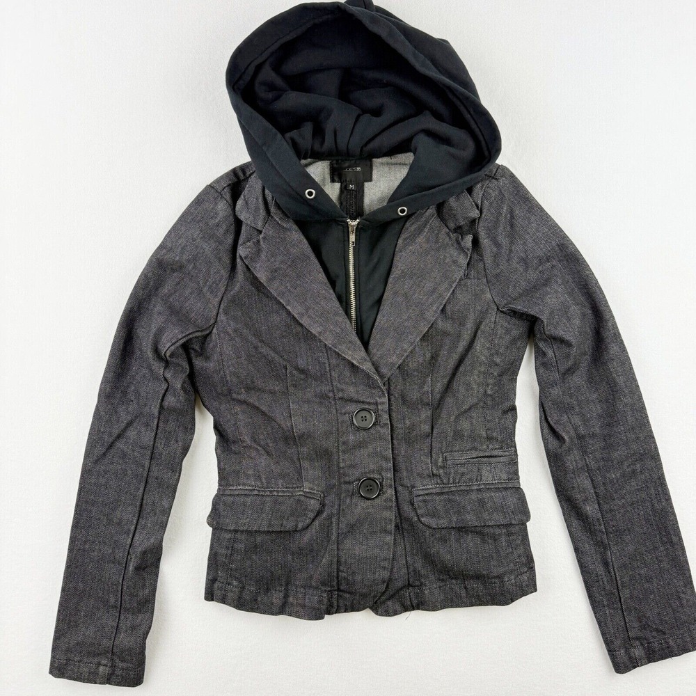 Joes Jean Denim Blazer Jacket Hooded Zip Front‎ Pockets Black Denim Size M Women